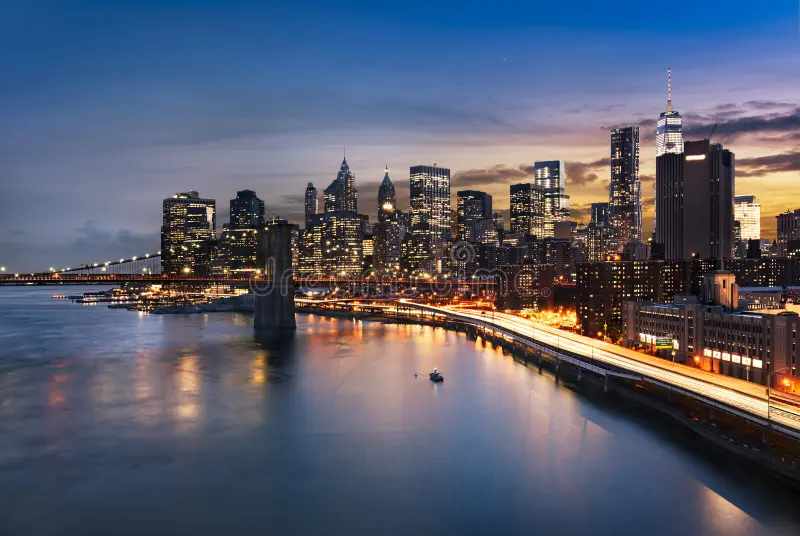 new york city lights beautiful sunrise over manhattan manhattan brooklyn bridge usa 58806133